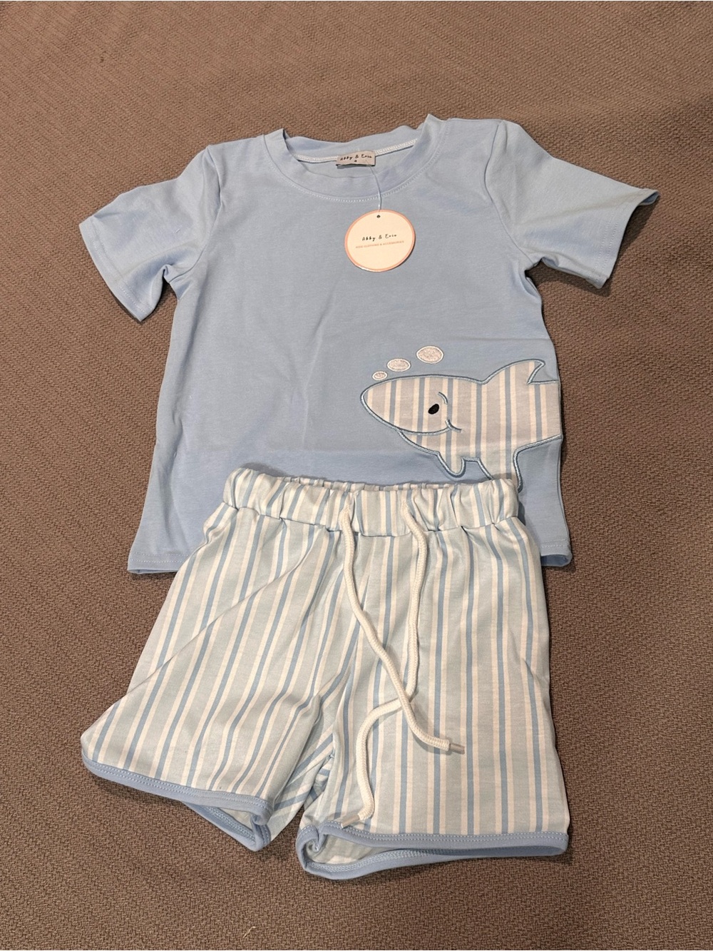 Abby & Evie Light Blue Shark Applique shirt and shorts set NWT